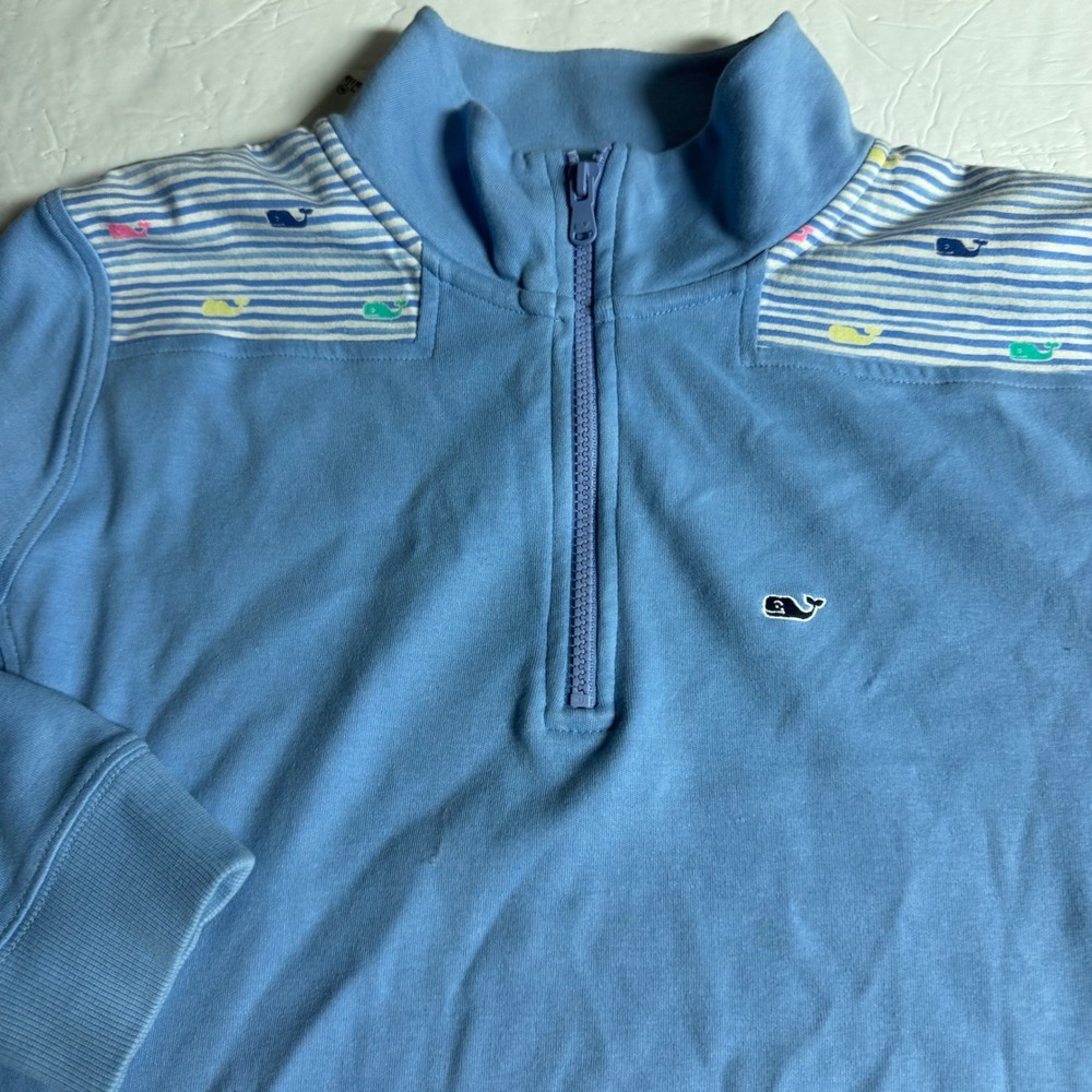 Vineyard Vines Womens Blue Cotton 1/4 Zip Pullover Whale Stripe Yoke Large